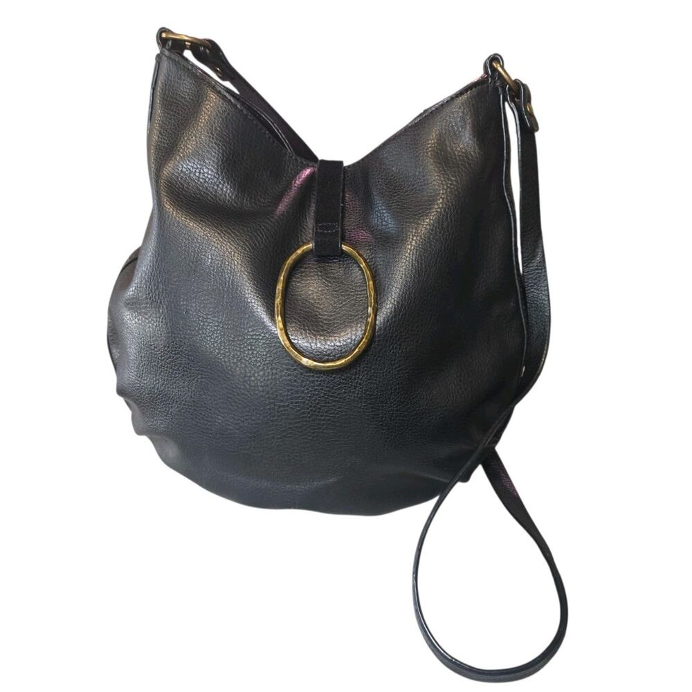 Lucky Brand Black Faux Leather Cowhide Trim Crossbody Sling Bag Minimalist Boho